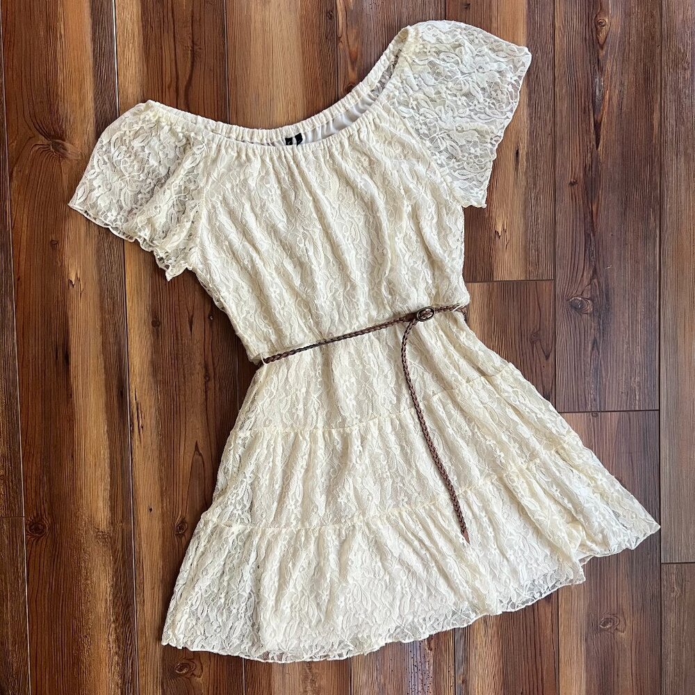 HeartSoul Ivory Flutter Sleeve Lace Dress with Skinny Brown Braided Belt Size L